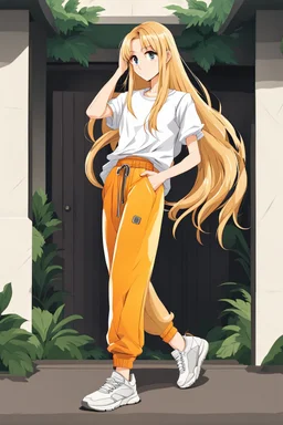 attractive anime woman with blonde long hair, t-shirt and sweatpants, full body in frame,