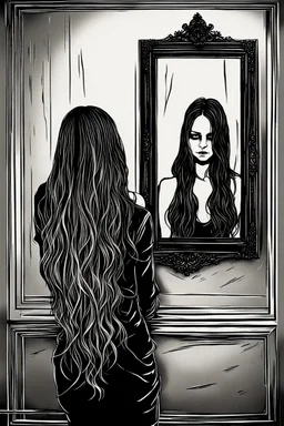 back view of a woman, beautiful long hair, her reflection in a mirror is an empty face, symbolism for the question "who am I", 32k, Mysterious and gothic, chaotic