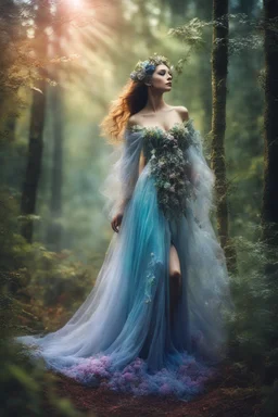 Close Up Photography Realistic Cinematic colors, beautiful forest woman, photography art style, full body view, a mystical forest, At the center of the photography beautiful Nature Woman, a striking figure of ethereal beauty, The beautiful woman is adorned in a gown made of living flowers and leaves, The gown shimmers with a soft, iridescent glow