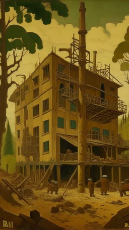 A dark brown construction site painted by Paul Ranson