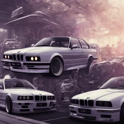 voiture blanche, fleur, chrome, synthwave, concept art, couleur vibrante,BMW E36, drift