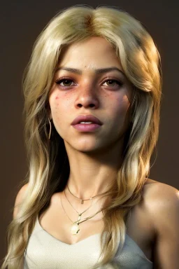 Shakira, artist, 30 years old, Realistic image, waist up portrait, blonde, loose long hair, eyes make up, perfect, glow, circle iris. concept art, smooth, unreal engine 5, god lights, ray tracing, RTX, lumen lighting, ultra detail, volumetric lighting, 3d, finely drawn, high definition, 4k.