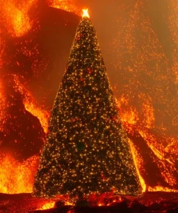 festive holiday Christmas tree surrounded by lava in a volcano