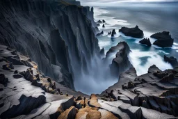 This mesmerizing ocean cliff scene captures the dramatic power and beauty of nature. Towering rugged cliffs stand majestically against the vast expanse of the ocean, where the water pours into a singular bottomless pit. The cliffs, with their sharp and jagged edges, create a stark contrast to the rough, flowing water, making the scene even more captivating. Sunlight pierces through the mist rising from the waterfalls, creating a magical, ethereal atmosphere