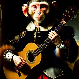 rembrandt painting of a monkey playing a guitar, 6 strings, fingers