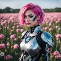 a woman with pink hair standing in a field of flowers, intricate cyberpunk make - up, tiktok, animatronics, detailed skin, ecktochrome, saw, girl is running, endoskeleton, full-cosplay, detailed face of an android, orianna, aubrey, cutecore clowncore, suki, shot with Sony Alpha a9 Il and Sony FE 200-600mm f/5.6-6.3 G OSS lens, natural ligh, hyper realistic photograph, ultra detailed -ar 1:1 —q 2 -s 750)