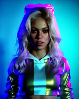 portrait, Shakira, blonde artist, angry, Realistic image, MMA robe, hoodie, mma gloves, fight pose, make-up make-up, gold line make-up, sweat, fog, goddess style, Neon colors, leds. Black background, photo studio, concept art, smooth, unreal engine 5, god lights, ray tracing, RTX, lumen lighting, ultra detail, volumetric lighting, 3d, finely drawn, high definition, 4k.