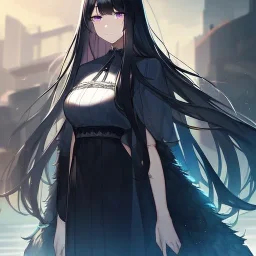 Clear focus,High resolution, Black long fluffy hair, long bangs, and purple eyes, Depressed girl