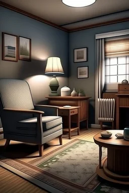 Photorealistic old woman's living room. Tidy and sparsely furnished with a well-loved recliner, sidetable and older tv