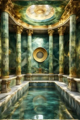 Highly Detailed, a beautiful creation of a Roman Bath, with translucent marble, gold, green and bluish colours, highly detailed, stunning, spectacular, 8K