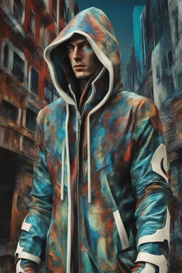 Sandro Botticelli style. 3D. Colorido. Whole body. Masterpiece of a hooded killer Cyborg, his eyes are intense, contrasting colors. Fondo ciudad