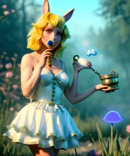 Ultra realistic wonderland photo, happy blonde woman smoking a pipe, blue dress, white rabbit pet, circus dress style, old school tattoo, smoke, marijuana garden, glow eyes, perfect iris, soft color, highly detailed, unreal engine 5, ray tracing, RTX, lumen lighting, ultra detail, volumetric lighting, high definition.