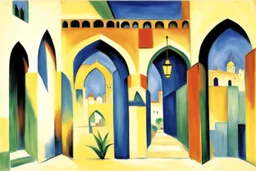 an open gothic_Arab gate in a blue-tiled wall with a view of an old city by artist "August Macke",by artist "Franz Marc"