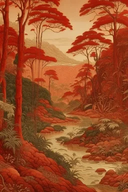 A brownish red jungle with a river designed in Chinese paper art painted by Leonardo da Vinci