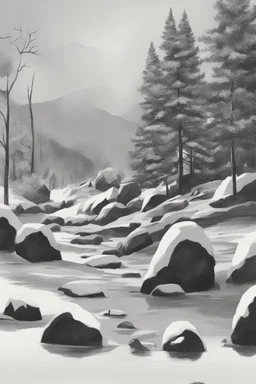 Drawn rocks on a snowy landscape