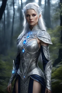 Full body Photography cinematic natural beauty,beautiful princess skin caucasian female, detailed eyes, large bust, shoulder length platinum silver hair, glowing fractal embedded on royal armor, glowing diamonds jewellers light pattern cloth, high fantasy setting, wearing regal intricate leather with scattered glowing crystal, glowing part on clothing, midnight forest, portrait