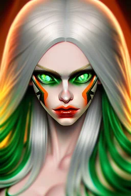 fantasy setting, woman with orange and white hair, white hair, green eyes