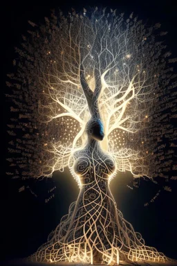 a tree made of equations turning into a goddess of light