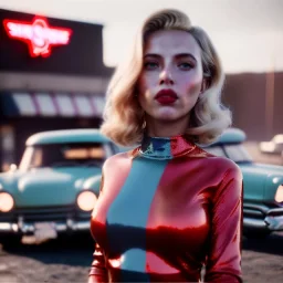 Ultra Realistic retro sci-fi, explosion Supermarket parking scene, 1960 year, blonde mistery woman, sweet scarlet Johansson face, perfect iris, glow eyes, face makeup, tight latex coat; many panic people, Retro sci-fi style, soft color, highly detailed, unreal engine 5, ray tracing, RTX, lumen lighting, ultra detail, volumetric lighting, 3d, finely drawn, high definition, high resolution.