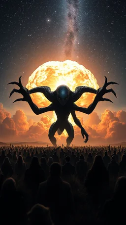A field of random people in a bright lighting , at the end of the picture the universe with stars sky in a dark background with a huge nuke explosion behind the explosion , a large open arms dark scary alien
