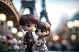 cute chibi mahogany haired girl with a short, silver haired boy, Eiffel tower, heart and love, flowers in Paris, ethereal, cinematic postprocessing, bokeh, dof