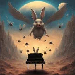 monochromatic black and white bugs bunny composer piano, diffrent planet, one swine pig piggy flying wasp angel, beksinski style daker theme dark black dark black monochromatic