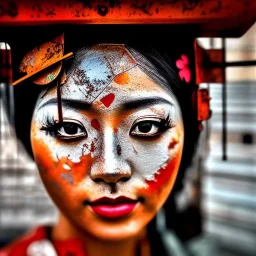 an abstract painting of rusted metal and japanese cherry blossoms, Geisha portrait, rust, scaffolding, iron cladding, decay, mixed media, textured, anatomically correct, beautiful perfect face, sharp focus, highly detailed 8k by monet