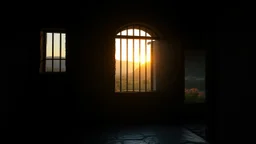 Inside a dark dismal cold prison cell with bars at the window, looking out through an open heavy cell door into freedom, with colourful gardens and distant hills in bright warm sunshine at sunrise. Exquisite composition, beautiful detailed intricate detailed octane render, 8k artistic photography, photorealistic, perfect light, chiaroscuro, award-winning photograph, masterpiece