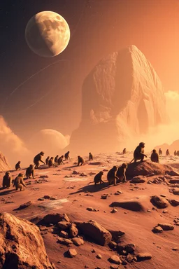 A surface of a planet that is full of monkeys
