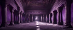 Hyper Realistic big dark hall of an abandoned haunted Indian Palace with decorated purple walls & pillars at night