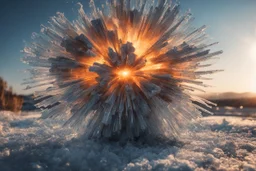 Atomic explosion, made of ice, ULTRA REALISTIC, details, intricate detail, professional lighting, film lighting, 35mm, anamorphic, lightroom, cinematography, bokeh, lens flare, film grain, hdr10, 8k, Roger Deakins, incredibly detailed, reflect, sharpen