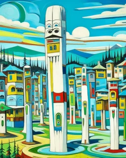 A white village in the sky designed in Pacific Northwest totem poles painted by Alexej von Jawlensky