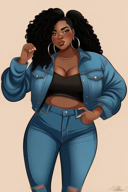 Create a stylish and empowering hand-drawn illustration of a black curvy woman showcasing confidence and beauty while wearing jeans.