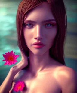 Realistic detailed perfect face portrait of a insane young beautiful woman top model in short open dress. Sensual, volumetric lighting, Unreal Engine 5, 3D Animation Quality, Octane Rendering. A masterpiece. There are water, flowers, vivid colors.