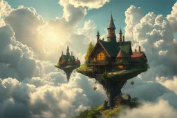 An anti-gravity village of floating Hobbit-Houses majestic, epic, elaborate, enigmatic, lush, serene, bright, cumulus clouds, sun rays; by Ismail Inceoglu, Huang Guangjian, Dan Witz; insanely detailed photograph, intricate and hyperdetailed painting, CGSociety, ZBrush Central, fantasy art, album cover art