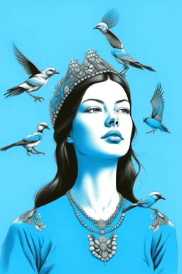 woman queen birds sky blue