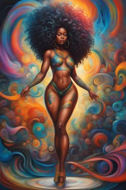 Create a futurism oil painting image of a curvy black female with shiny skin and tattoo on her legs while she bends down holding her large colorful mane of curly large afro. Prominent makeup with lush lashes. Her hair is highly detailed, all her curls are colorful. She wears no shoes and her skin glows