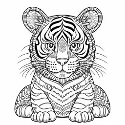 mandala baby tiger, happy, cute animals, full view, realistic, coloring page, only draw lines, coloring book, clean line art, –no sketch, color, –ar 3:4, white background, minimalistic black lines, minimal black color, low level black colors, coloring page, avoid thick black colors, thin black line art, avoid colors, perfect shape, perfect clear lines,