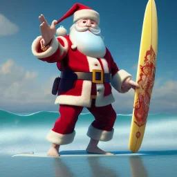 Santa standing of surfboard surfing a big wave, surfboard, beach, character design by cory loftis, fenghua zhong, ryohei hase, ismail inceoglu and ruan jia. unreal engine 5, artistic lighting, highly detailed, photorealistic, fantasy