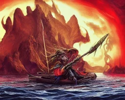 sango fantasy, fantasy magic, intricate, sharp focus, illustration, highly detailed, digital painting, concept art, matte, Greek mythology Charon ferryman, skeleton in full length cape, in boat on river styx, sharp jagged rocks, red purple blue colours, red hot lava river