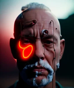 Ultra realistic photographic night portrait, cinematic, pretty woman, shave head, <hanging wires> <retro monitor> many wires coming out of the head <perfect pupil> <cyborg arm> <garage> <wide angle Shot> <steampunk> <thriller>, color fog, soft color, highly detailed, unreal engine 5, ray tracing, RTX, lumen lighting, ultra detail, volumetric lighting, high definition.