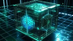 Cube tesseract from movie Loki. Tesseract size half of image. Located strictly in the middle of picture with space around it and with navy blue/green glow inside tesseract. Without surface/table on which it stay.