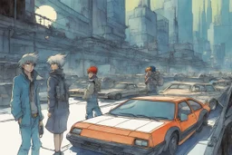 retro anime style, full color, dark serious 1980s anime Lunar Punk city, moebius artist, magic, watercolor,