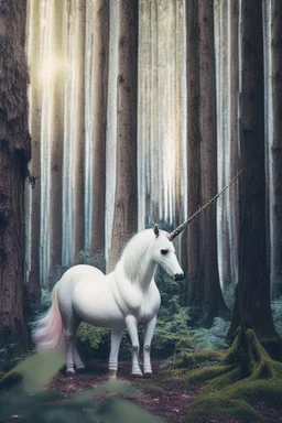 in a cosy vintage style, a white unicorn in a forest