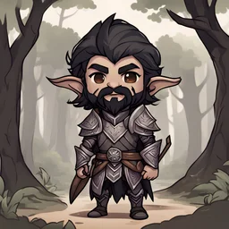 Aanthis Fadas is a male dark elf with up-pinned dark hair and beard moustache combo wearing grey and brown tribal armor and living in a wood elf hut , in chibi art style