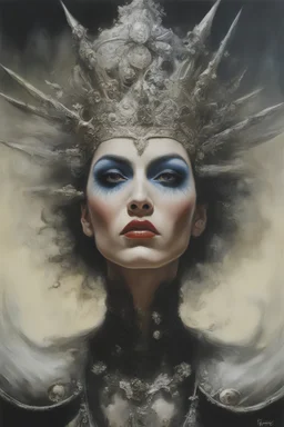 a closeup facial portrait of a prom queen from the rock band KISS - extreme action pose - oil painting by Gerald Brom