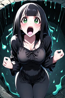 Closeup anime Girl goth with big eyes, fullbody, ragged clothes, slime rain, the perspective looking up from the bottom of an empty well, rolling eyes, tongue out, saliva drip, open mouth,