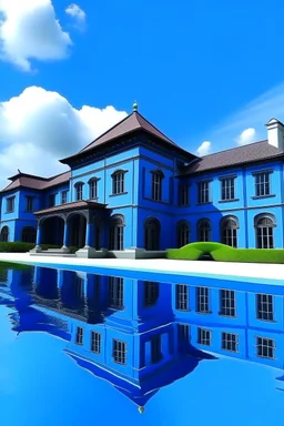 blue mansion with a huge infinity pool and lambergeaney