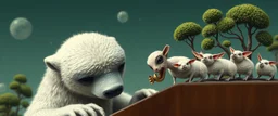close up on member of piano jazz giant polar alien sloth gremlin sheep flock climbing trees