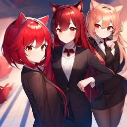 Clear focus,High resolution,High quality, Red fluffy hair, Red eyes, Red cat ears, Wearing black stockings, wearing a black suit